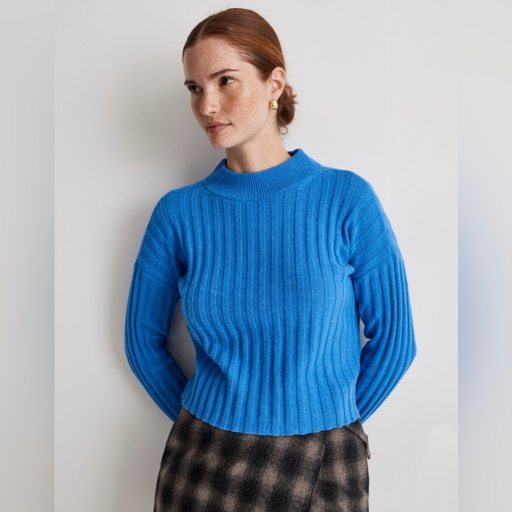 Madewell Mockneck Crop Sweater Heather Oasis Blue Wool Blend M